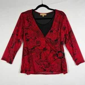 Vtg 90s Y2K Notations Floral Mesh Overlay Wrap O-Ring Blouse Top L Red Black EUC